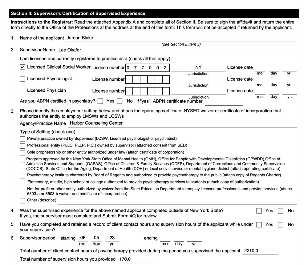 Page 2 of NYSED Form 4B, filled in from an example record: the applicant, the supervisor and license, the setting, and 2,210 client-contact and 170 supervision hours.