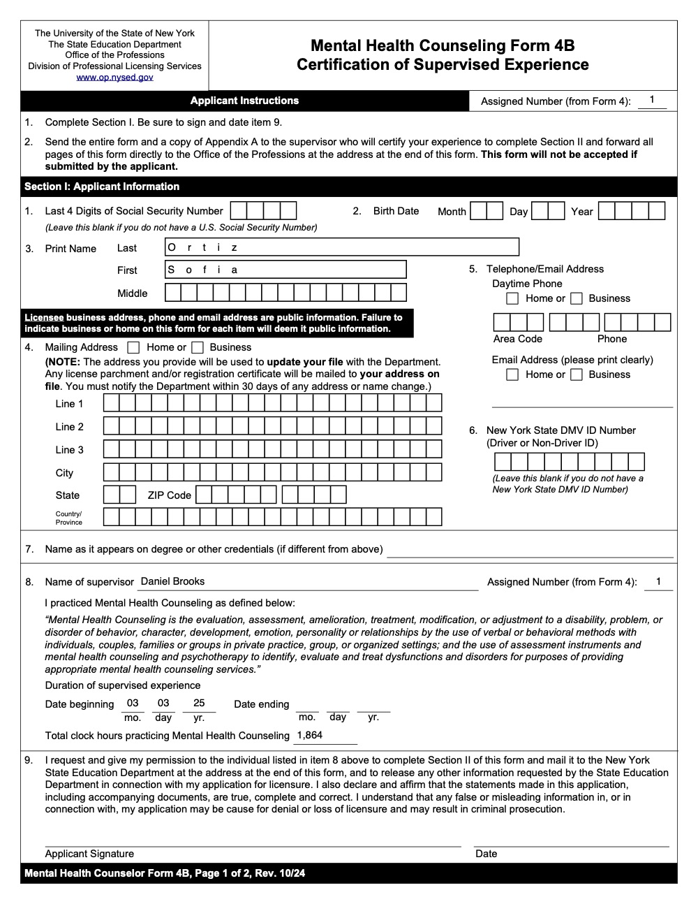 Page 1 of NYSED's Mental Health Counseling Form 4B, Section I filled in from an example record: the applicant's name, the supervisor, the start date and 1,864 total clock hours.