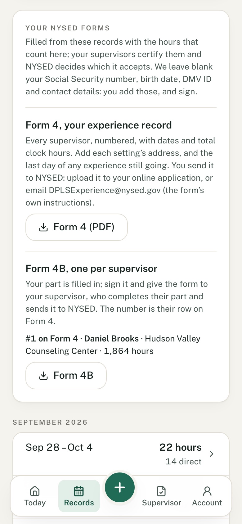 Your NYSED forms in Licensure Hours: Form 4, a Form 4B for each supervisor, with an example account.