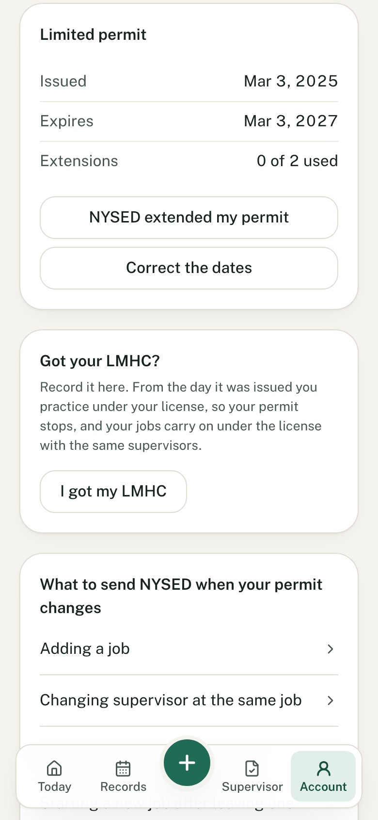 The limited permit in Licensure Hours: when it was issued, when it expires, and the day to ask NYSED for an extension, with an example account.