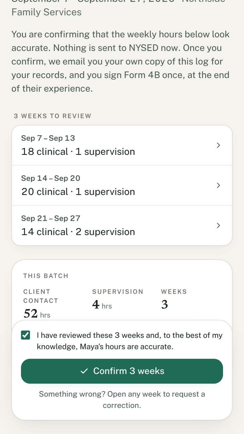 What a supervisor sees: three weeks of client-contact and supervision hours, a box to confirm they are accurate, and a Confirm 3 weeks button